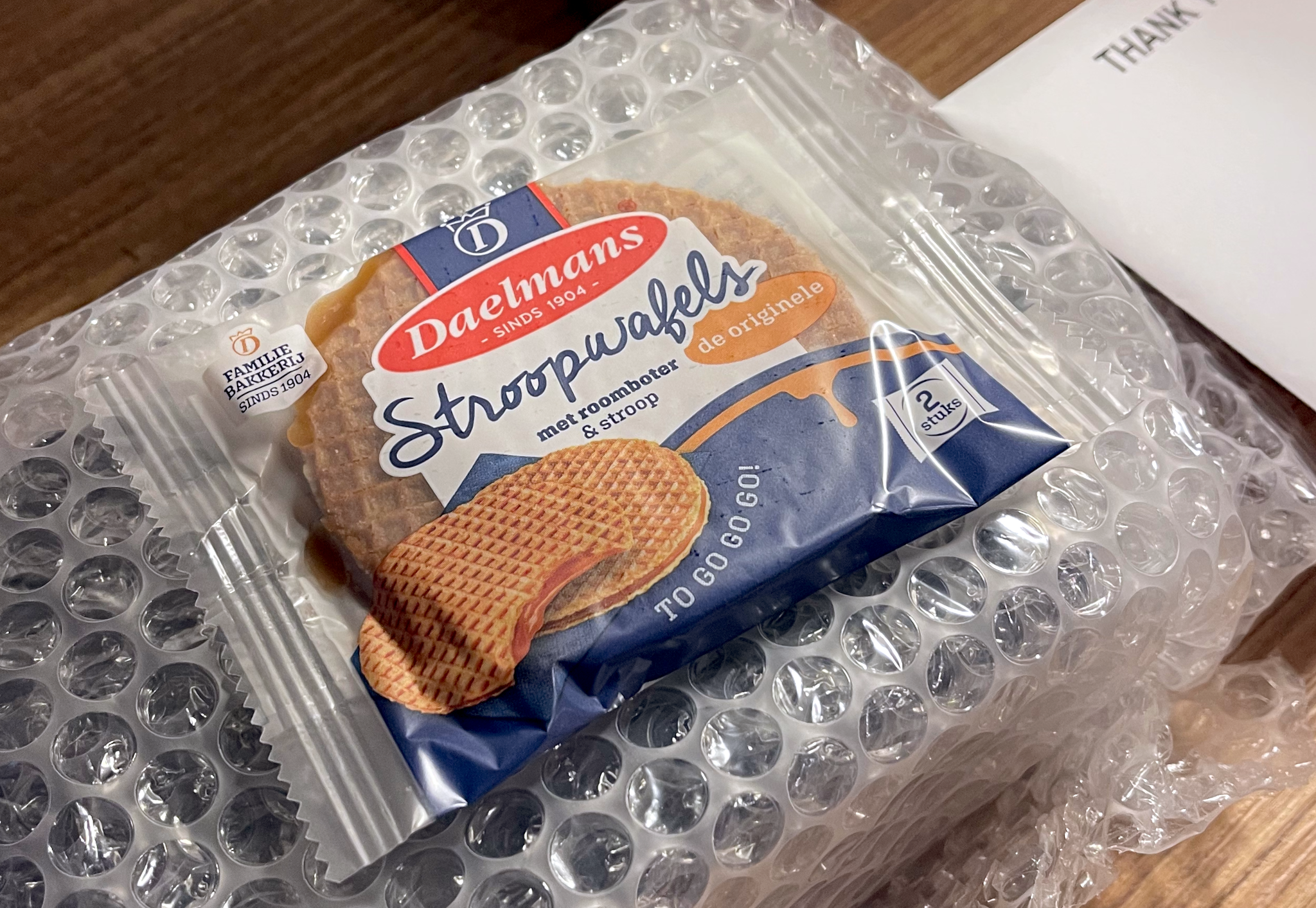 A pack of two stroopwafles on the bubble-wrapped BCM