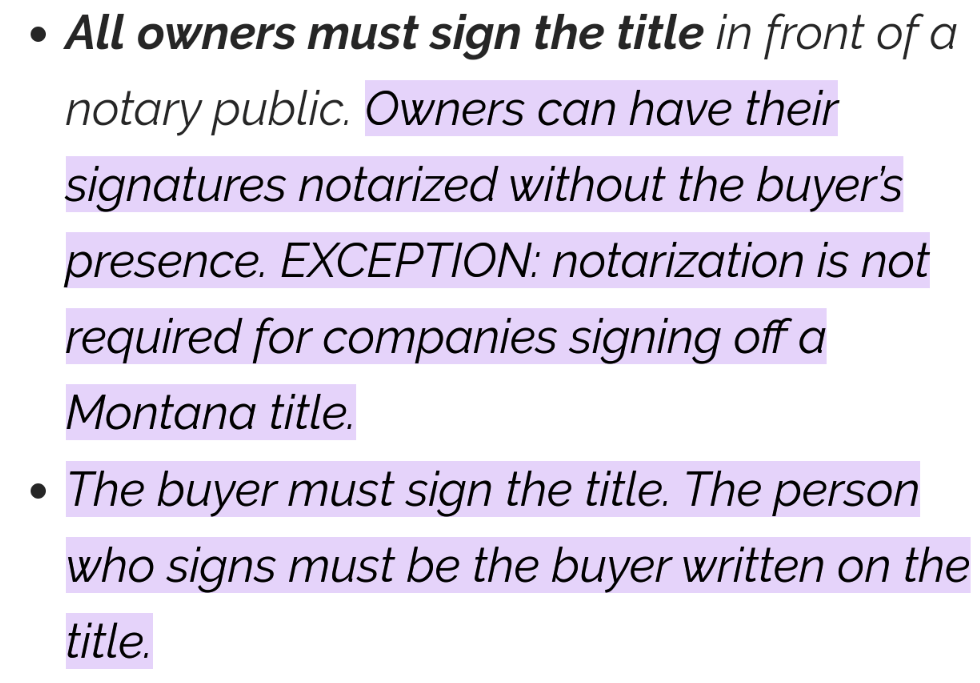 A screenshot from the Montana DMV website stating that notarized signatures are not required if the seller is a company